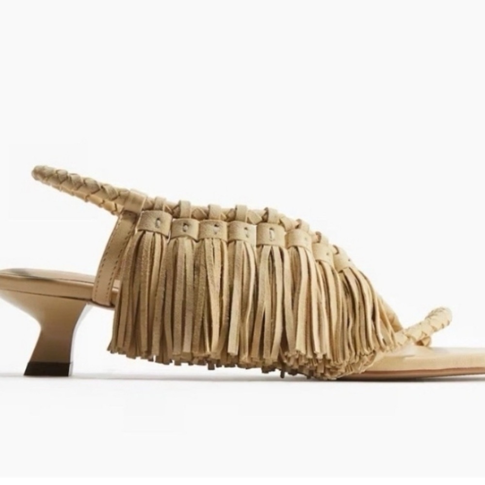 H&M Beige Fringe leather heeled Sandals
